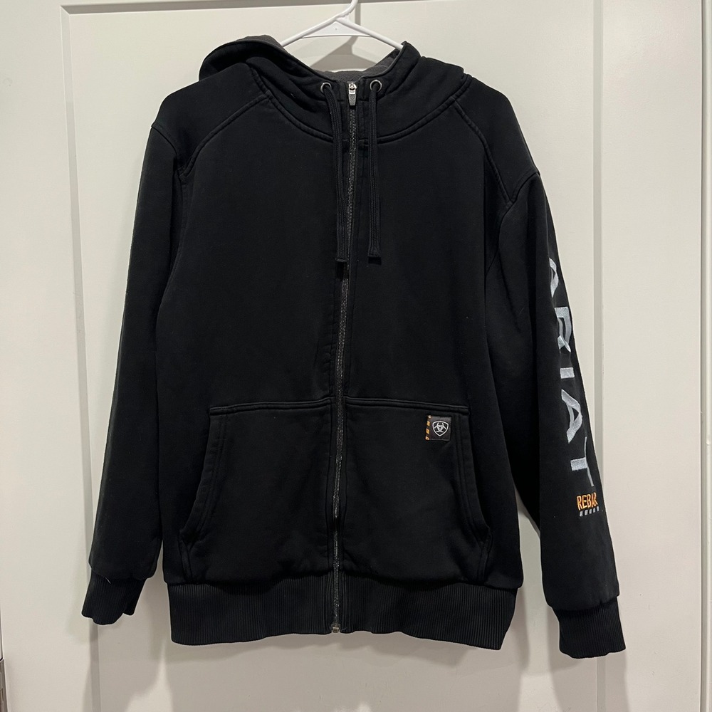 Ariat Rebar Mens Black Full Zip Fleece Lined Logo Work Hoodie Medium